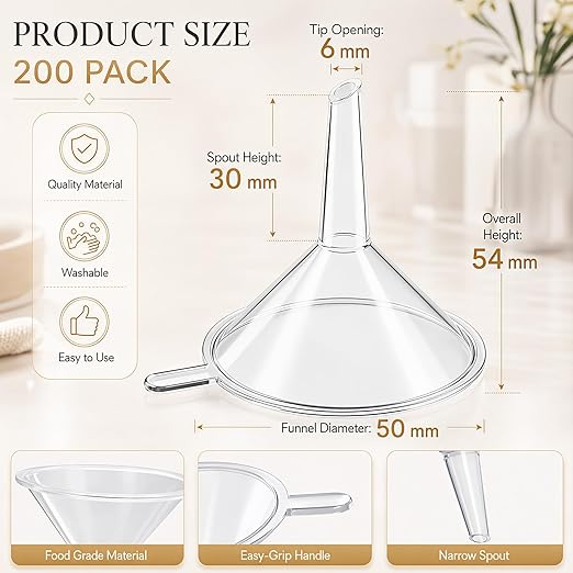 Hoolerry 200 Pcs Small Funnel for Filling Small Bottles Clear Plastic Mini Funnels for Lab Bottles Essential Oils Sand Art Bottle Skin Products Perfumes Spices (2.16'') - Image 2