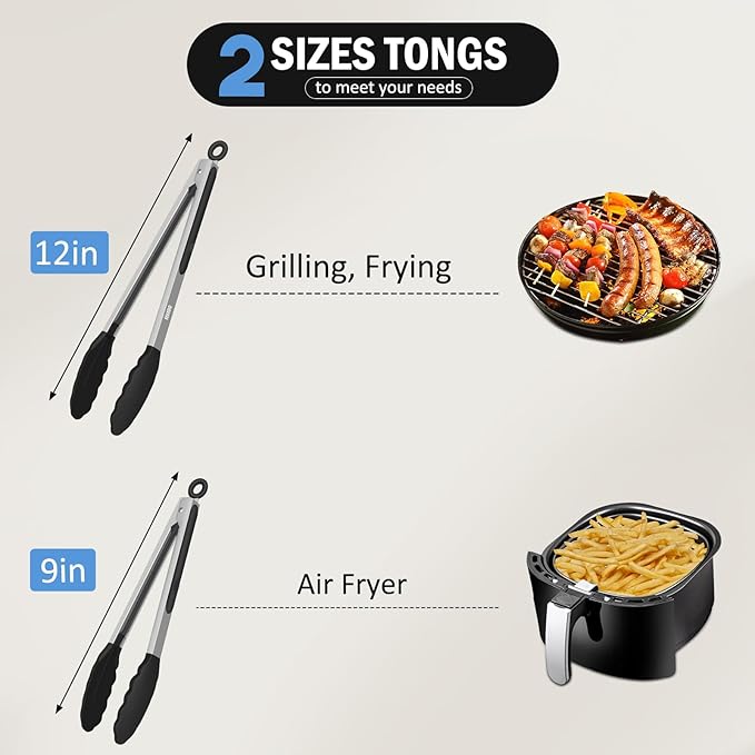 Tongs for Cooking, 600ºF High Heat-Resistant Stainless Steel Kitchen Tongs with Silicone Tips, Non Scratch, Locking Tong for BBQ Grilling Air Fryer Food Salads, Set of 2 (9" and 12") Black - Image 7