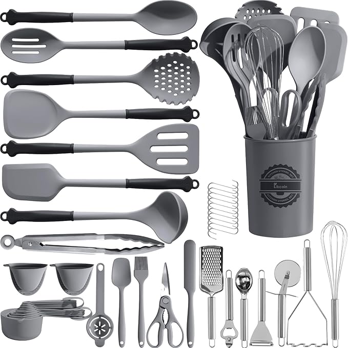 Kikcoin 43Pcs Large Kitchen Utensils Set - Silicone Cooking Utensils Set, Dishwasher Safe Spatula Set for Non-stick Cookware, 446°F Heat Resistant Kitchen Utensils Set with Holder BPA Free, Grey by Kikcoin
