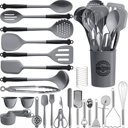Kikcoin 43Pcs Large Kitchen Utensils Set - Silicone Cooking Utensils Set, Dishwasher Safe Spatula Set for Non-stick Cookware, 446°F Heat Resistant Kitchen Utensils Set with Holder BPA Free, Grey by Kikcoin