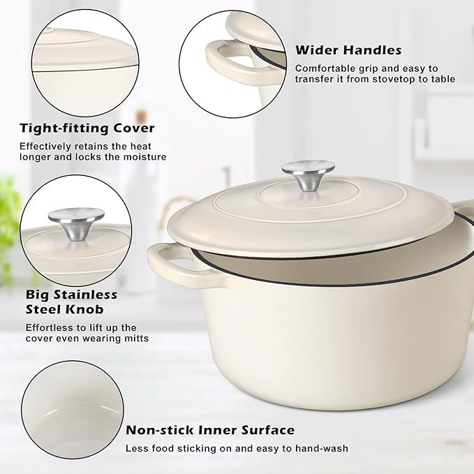 TeamFar Enameled Cast Iron Dutch Oven, 7qt Dutch Oven Pot Nonstick Cookware with Lid & Dual Handles for Bread Baking, Cooking, Oven Safe up to 500℉ & Various Stovetops, Healthy & Heavy Duty - White - Image 3