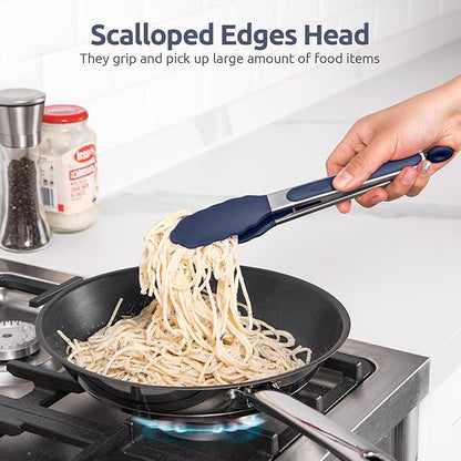 600ºF Heat Resistant Kitchen Tongs: U-Taste 9 in Silicone Cooking Tong with Firm Sealed Non Stick Rubber Tips & Silicon Coated 18/8 Stainless Steel Handle & Smooth Lock for Serving Grill-Midnight Blue - Image 4