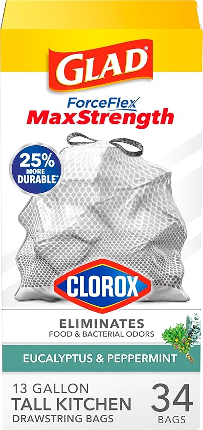 Glad ForceFlex MaxStrength with Clorox Trash Bags, 13 Gal, Eucalyptus, 34 Ct (Package May Vary) by GladTrashFoodStorage