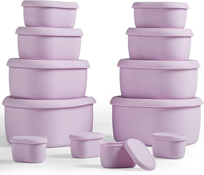 ISSEVE 12Pcs/Set Nesting Silicone Food Storage Containers with Lids, BPA Free Reusable Meal Prep Silicone Containers Airtight, Freezer Dishwasher Safe (33.8oz, 20oz, 10oz, 6.7oz, 1.3oz) (Purple)