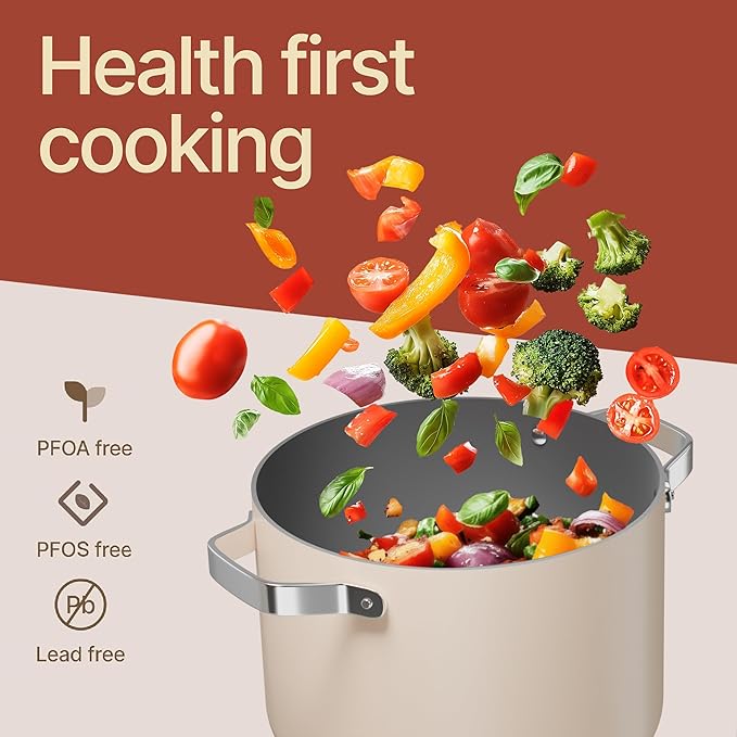 Bakken 5 Quart Ceramic Coated Stock Pot with Lid, Easy to Clean Nonstick Pot, Tempered Glass Lid, Riveted Stainless Steel Handles, Oven Safe Up To 500°F, PTFE & PFAS Free, All Stove Compatible, Cream - Image 6