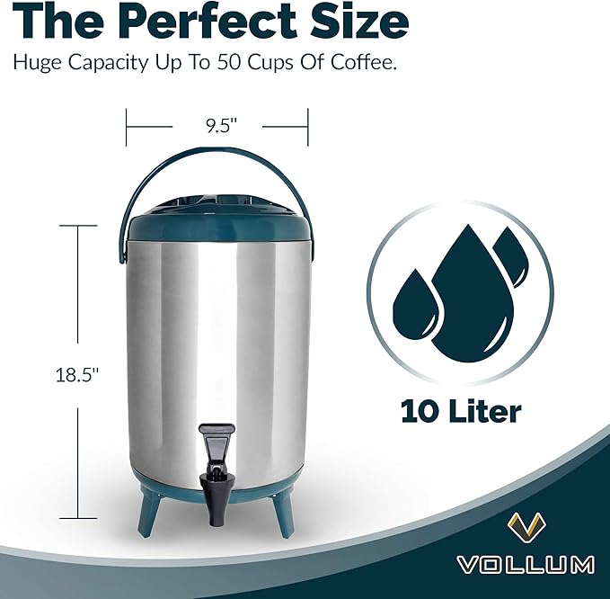 Vollum Stainless Steel Insulated Beverage Dispenser – Insulated Thermal Hot and Cold Coffee Carafe – 10 Liter Drink Dispenser with Spigot for Hot Water, Tea & Coffee, Cold Milk, Juice & More Teal