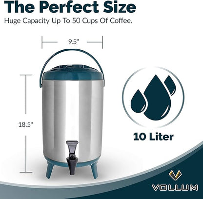 Vollum Stainless Steel Insulated Beverage Dispenser – Insulated Thermal Hot and Cold Coffee Carafe – 10 Liter Drink Dispenser with Spigot for Hot Water, Tea & Coffee, Cold Milk, Juice & More Teal