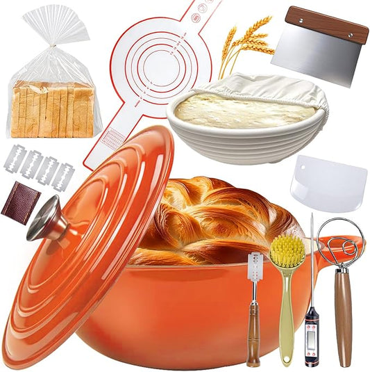 5QT Enameled Cast Iron Dutch Oven for Bread & Multi-Cooking – Complete Sourdough Starter Kit with Lid ,Probe Thermometer, Proofing Basket, Silicone Sling & Gift Packaging Bags,Oven Safe up to 500°F (Orange)