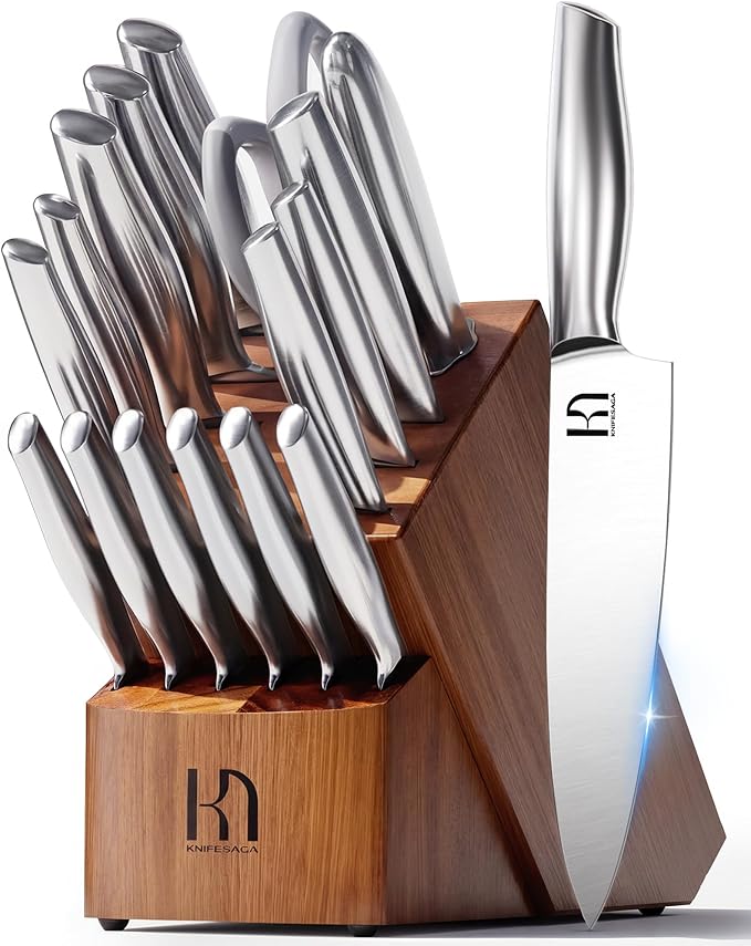 KnifeSaga Kitchen Knife Set with Block 17 Pcs, Knife Block Set, Japanese High Carbon Stainless Steel Knives Set for Kitchen with Sharpener, Razor Sharp Premium Block Knife Sets by PushBoundariesforSharpness