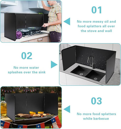 4 Sided Oil Splatter Guard Grease Splatter Guard Stove Splatter Guard, Splatter Guards Splatter Screen for Frying Pan,Large Foldable Splash Guard for Stove Top, Upgrade Steel Anti Splatter Shield,30CM
