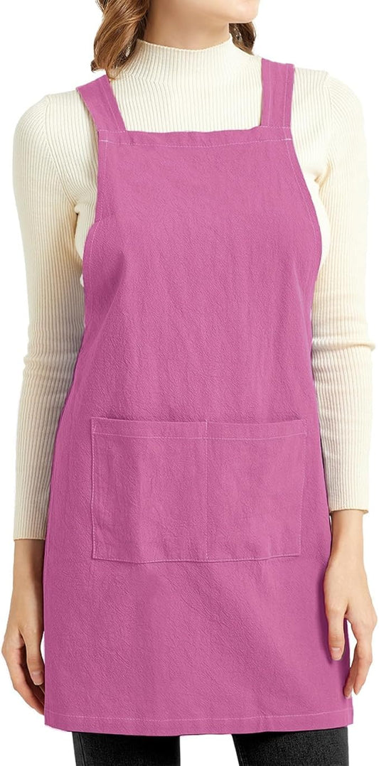 ELEZAY Aprons for Women with Pockets Plus Size Comfort Cross Back No Tie Cotton Linen Apron Pinafore