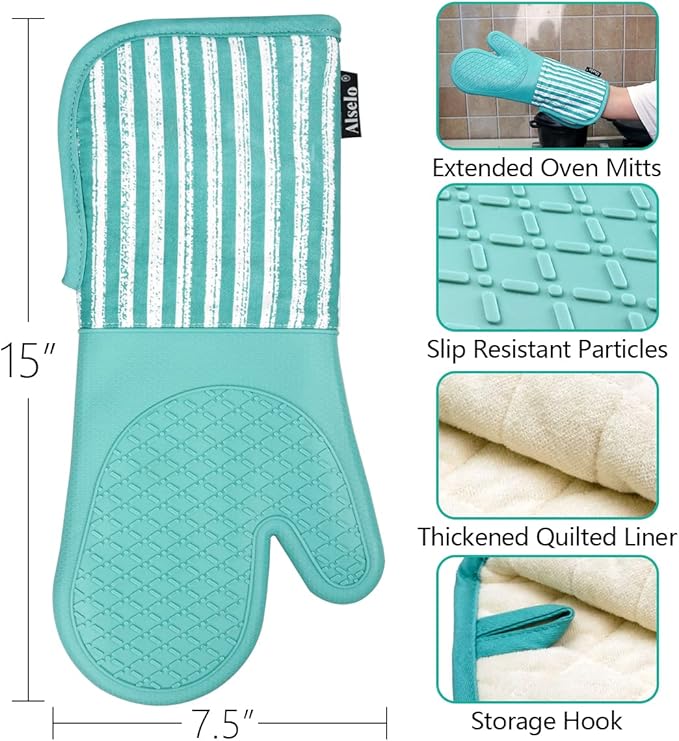 Alselo Silicone Oven Mitts Heat Resistant 932℉ with Waterproof & Non-Slip Kitchen Mittens, Set of 2 Extra Long Oven Gloves with Soft Cotton Terry Lining for Baking Cooking Barbecue - Image 2