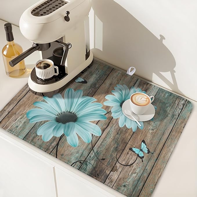 Teal Sunflowers Drying Mat 24x18 Inch, Summer Wooden Board Drying Mat with Absorbent Reversible Microfiber, Rustic Dish Drainer Mats Shabby Chic Floral Rack Pad for Coffee Countertop Kitchen Protector