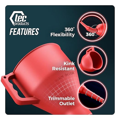 TEC Products FlexAll Long Flexible Funnels - Automotive Oil Funnel with Hose, Durable Nitrile Rubber for Oil Change, Transmission Funnel Fluid, Diesel, Fuel, Gas - Made in USA - Red (12 x 4 Inches) - Image 5