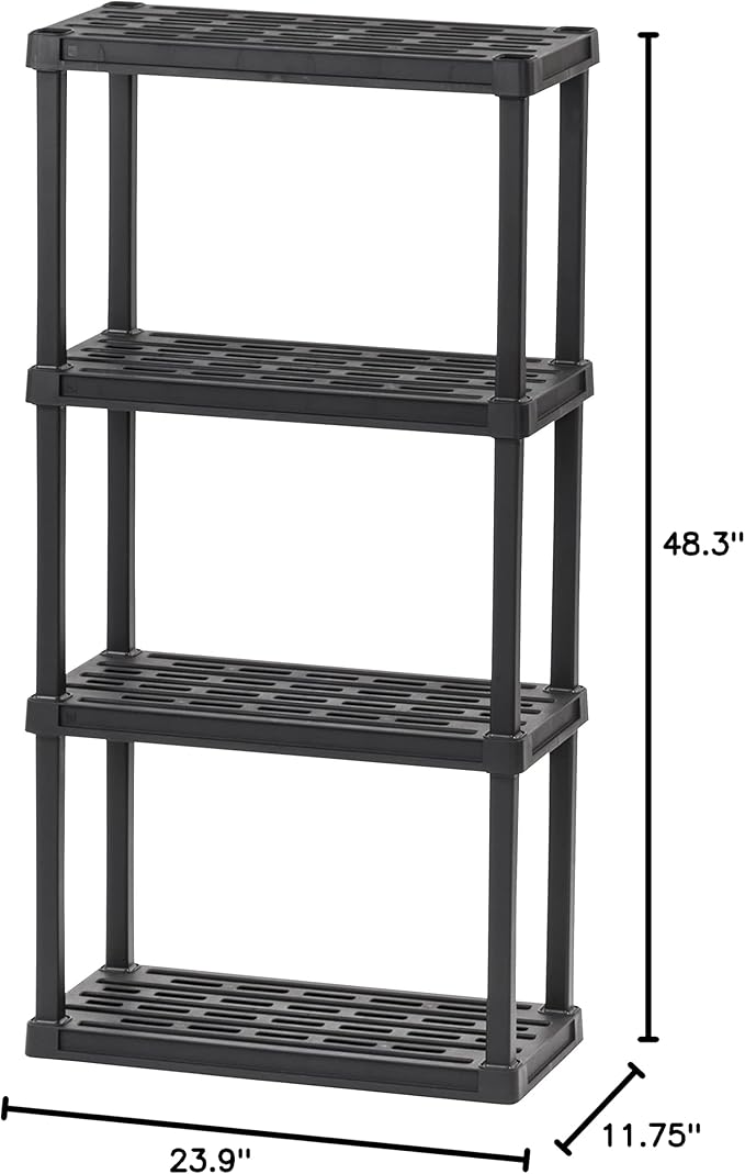 IRIS USA 4-Shelf Light Duty Plastic Storage Shelves, 200lb Capacity, 48" H x 24" W x 12" D, Medium Modular Shelving Unit Storage Organizer for Bathroom, Laundry, Garage & Home, Storage Rack - Black