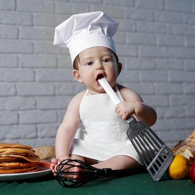 2PCS Baby Chef Outfit Set, Baby Apron and Chef Hat for Newborn Photography, Toddler Cook Role Play Costume