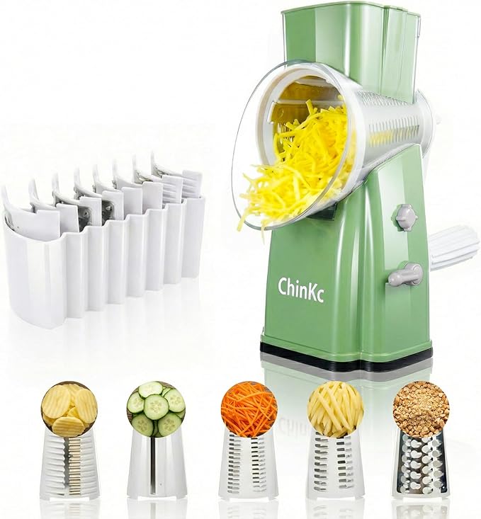 Upgrade Rotary Cheese Grater Shredder with Handle, Strong Suction Base, Multi-purpose Rotary Grater Slicer with 5 Interchangeable Blades for Ice, Vegetables, Fruit, Nuts with Blade Storage Box by ChinKc