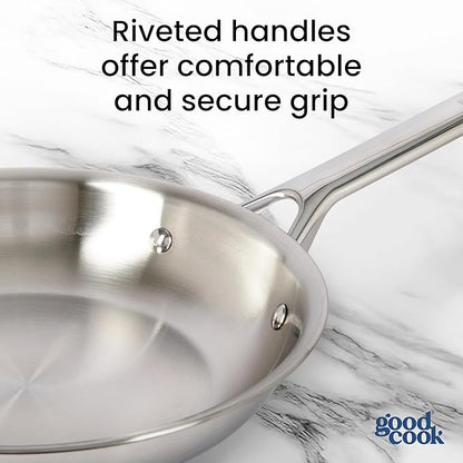 GoodCook Stainless Steel Fry Pan 10-Inch, Oven-Safe to 500F & Induction-Safe Compatible with All Stovetops 3-Layer Construction for Even Heating Non-Toxic PTFE & PFOA Free, Silver