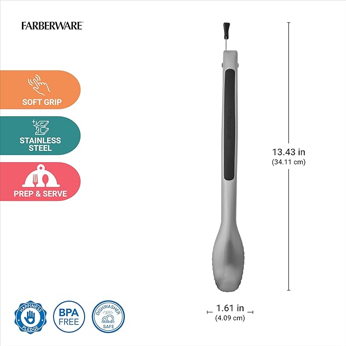 Farberware Stainless Steel Kitchen Tongs 12 Inch Locking Heat Resistant Ergonomic Handle Scalloped Tips Durable Dishwasher Safe Cooking and Serving Tool