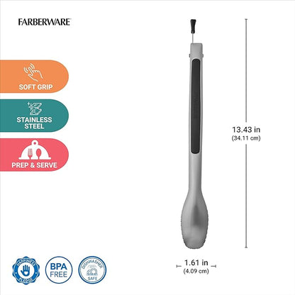 Farberware Stainless Steel Kitchen Tongs 12 Inch Locking Heat Resistant Ergonomic Handle Scalloped Tips Durable Dishwasher Safe Cooking and Serving Tool