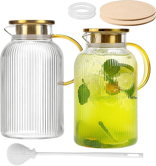 2 Pack Glass Pitcher with Handle and Lid, 68oz/ 2 Liter Classic Stripes Glass Water Pitcher with Handle for Fridge, Iced Tea, Coffee, Borosilicate Glass Carafe for Hot/Cold Brew Drink