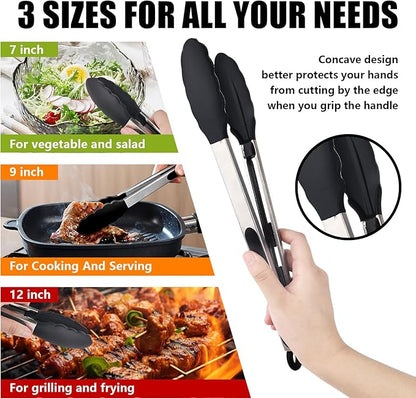 Kitchen Tongs with Silicone Tips, Kitchen Tongs, Cooking Tongs, Premium Stainless Steel Locking Cooking Tongs, Non-Slip Food Tongs for Cooking, Heavy Duty, Non-Stick, 480℉, Set of 3-7"/9"/12" Black - Image 7