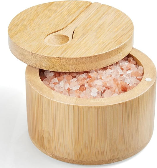 OUTNILI Salt Box Bowl with Lid and Spoon - Bamboo Salt Cellar with 360° Swivel Lid - Salt Container Holder for Sea Salt Herbs or Favorite Seasonings, 7 Ounce Capacity