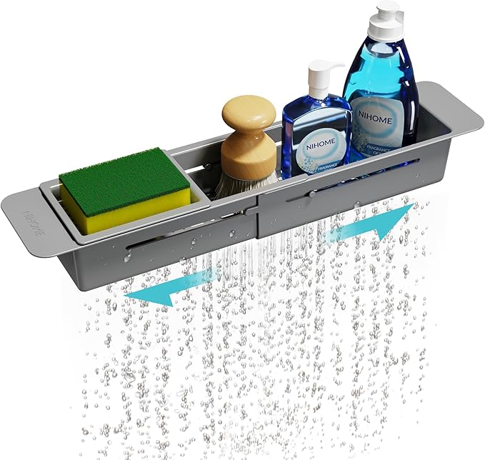 NiHome Extendable Over Sink Kitchen Organizer, Small Telescopic Brush Storage Rack for Sponge, Non-Slip Pads Expandable Sink Caddy, Adjustable Sponge/Brush Rack with Drainage Durable ABS (Dark Gray) by NiHome