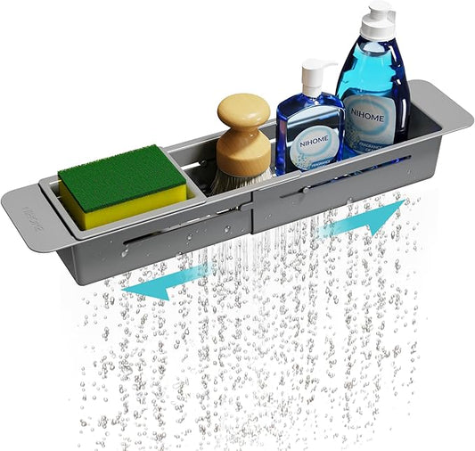 NiHome Extendable Over Sink Kitchen Organizer, Small Telescopic Brush Storage Rack for Sponge, Non-Slip Pads Expandable Sink Caddy, Adjustable Sponge/Brush Rack with Drainage Durable ABS (Dark Gray) by NiHome