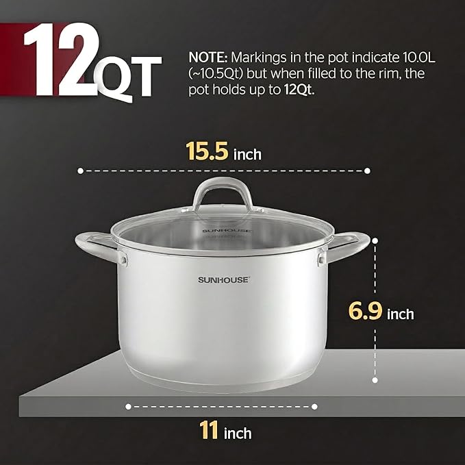 SUNHOUSE Stainless Steel Stock Pot - 11 Quart Heavy-Duty Induction Cooking Pot with Visible Lid for Pasta, Soup, Spaghetti - Nonstick Thick-Bottom Deep Stockpot for Canning, Boiling, and Simmering - Image 2