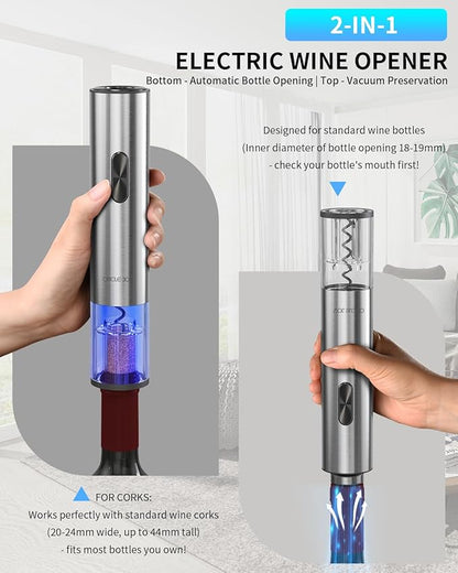 CIRCLE JOY Electric Wine Opener 7-in-1 Stainless Steel Rechargeable Electric Wine Bottle Opener Set with Automatic Vacuum Pump, Foil Cutter, Wine Pourer, 2 Vacuum Stoppers & Charging Station, Silver - Image 3