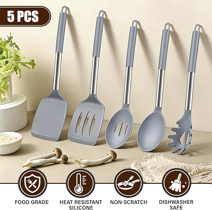 5Pcs Silicone Cooking Utensils Set, Heat Resistant Kitchen Tools Include Solid&Slotted Spatula, Cooking Spoon and Pasta Server, Silicone Kitchen Utensils set for Nonstick Cookware Flipping, Gray - Image 4
