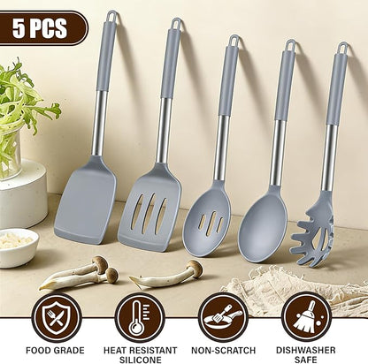 5Pcs Silicone Cooking Utensils Set, Heat Resistant Kitchen Tools Include Solid&Slotted Spatula, Cooking Spoon and Pasta Server, Silicone Kitchen Utensils set for Nonstick Cookware Flipping, Gray - Image 4