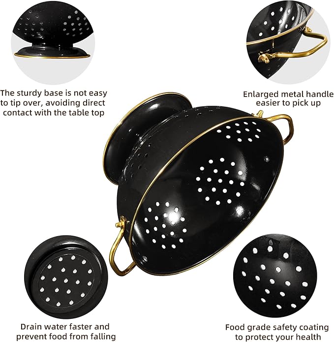 Metal Colander 2 Pack, 3.5 Quart Powder Coated Self-draining Solid Ring Base Metal Large Kitchen Pasta Vegetable Fruit Strainer with Handle (L-BLACK) - Image 5