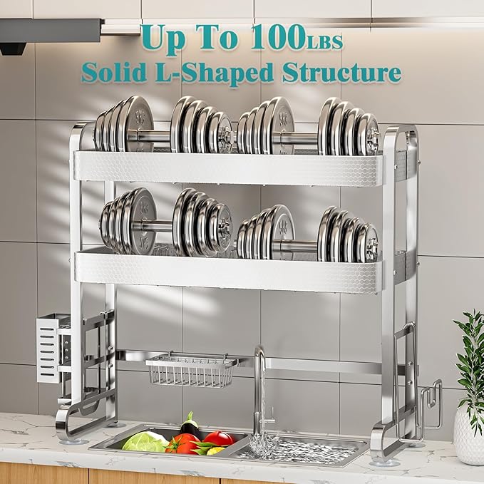 HOWDIA 3-Tier Over The Sink Dish Drying Rack, 304 Stainless Steel Dish Rack with Honeycomb Design, Cutlery Holder & Chopping Board Rack, 33.86” x 11.81” x 33.07” for Maximum Kitchen Storage - Image 6