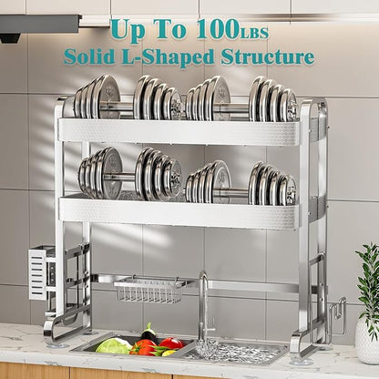 HOWDIA 3-Tier Over The Sink Dish Drying Rack, 304 Stainless Steel Dish Rack with Honeycomb Design, Cutlery Holder & Chopping Board Rack, 33.86” x 11.81” x 33.07” for Maximum Kitchen Storage - Image 6