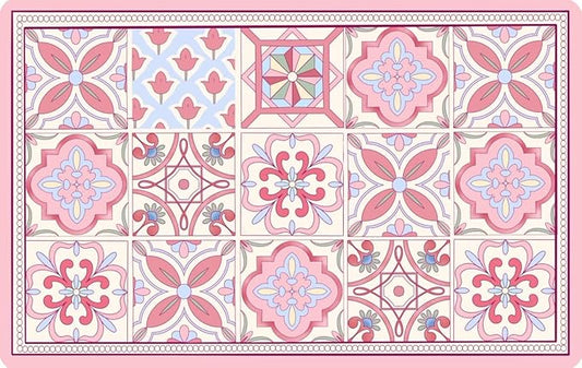 Boho Dish Drying Mat for Kitchen Counter - Super Absorbent Faux Leather Kitchen Mat, Quick Dry & Non-Slip Countertop Protector, Aesthetic Bohemian Decor for Coffee Bar (17"x31.5", Pink)