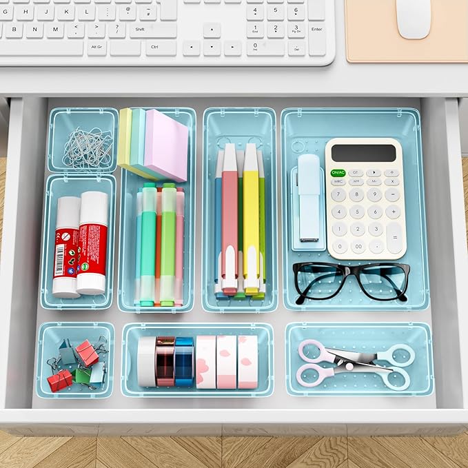 ElegantArray 12-Piece Drawer Organizer Set, 4 Sizes Versatile Plastic Vanity Organizer for Makeup, Stationery, Gadgets, in Kitchen, Bathroom, Office, and Bedroom, Sea Blue - Image 6