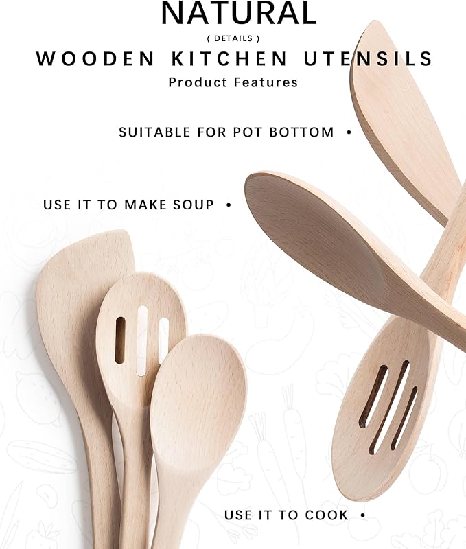 Wooden Spoons for Cooking, 3-Piece Wood Utensil Set Includes Slotted Spoon, Spoon & Wooden Spatula for Cooking – Uncoated Beech Wood Kitchen Utensil Set – 12 Inch Hardwearing Tools - Image 3