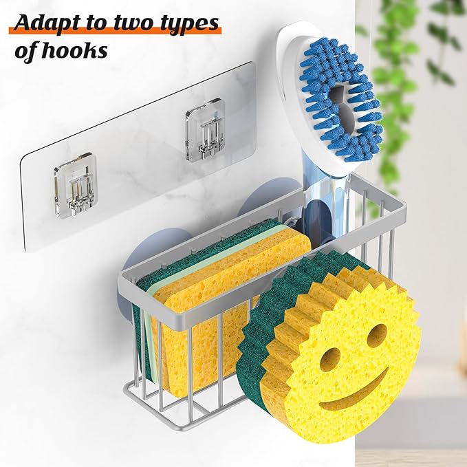 MURLONG Sponge Holder Smiley Face,Sink Caddy,Kitchen Organizer with 2 Suction Cups/1 Adhesive Strips,Designed for Sponge,Soap,Dish Brush,Scrubber - Gray - Image 3