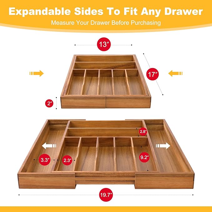 Large Premium Acacia Silverware Organizer - Expandable Drawer Organizer & Utensil Organizer - 17"x19.7" Cutlery Tray with Dividers for Kitchen Utensils and Flatware (7-9 Slots) Acacia - Image 2