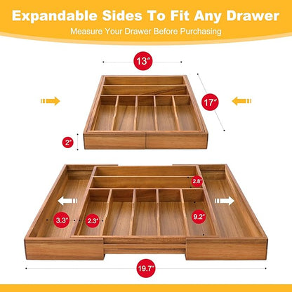 Large Premium Acacia Silverware Organizer - Expandable Drawer Organizer & Utensil Organizer - 17"x19.7" Cutlery Tray with Dividers for Kitchen Utensils and Flatware (7-9 Slots) Acacia - Image 2