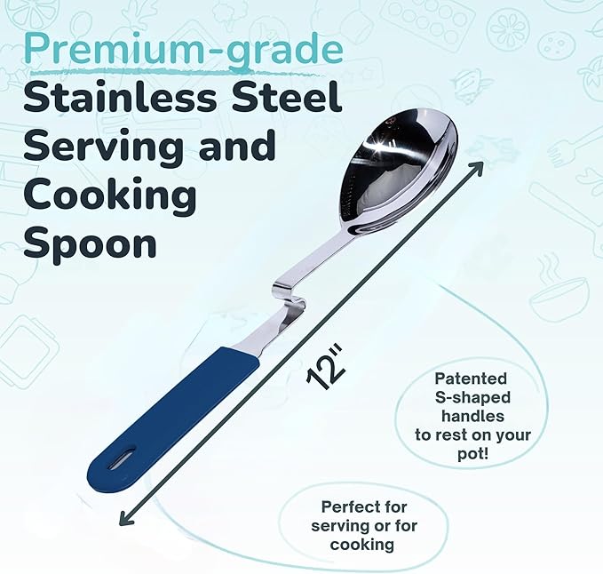 Souper Cubes + Lori Greiner No Mess Stainless Steel Cooking Spoon with Silicone Handle - Stainless Steel Serving Spoon No Mess Design Hooks on Side of Any Pot - Blueberry - Image 4