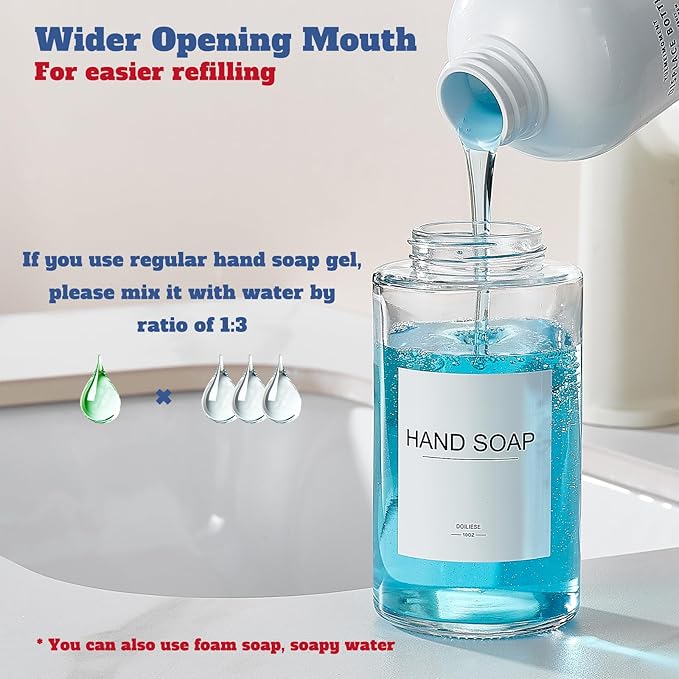 Glass Foaming Hand Soap Dispenser, 10 oz Easy Refill Bathroom Soap Dispenser, Foaming Dispenser with Stainless Steel Pump & Waterproof Labels, Foam Soap Pump Bottles for Handwashing, 2 Sets - Image 5