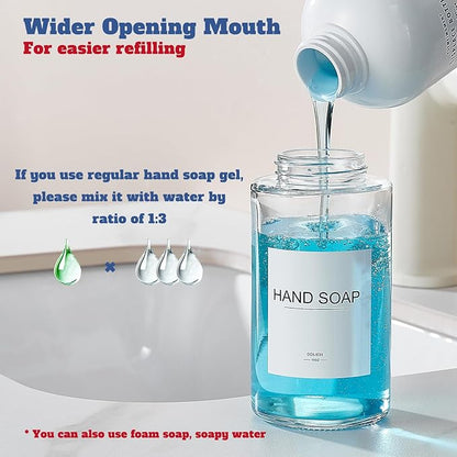Glass Foaming Hand Soap Dispenser, 10 oz Easy Refill Bathroom Soap Dispenser, Foaming Dispenser with Stainless Steel Pump & Waterproof Labels, Foam Soap Pump Bottles for Handwashing, 2 Sets - Image 5