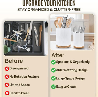 2 Pack Ceramic Utensil Holder, 7.3"+5.4" Large kitchen utensils holder for Countertop, 360° Rotating Cooking Utensil Crock for Kitchen Counter with Detachable Wooden Base, Kitchen Décor - Image 7