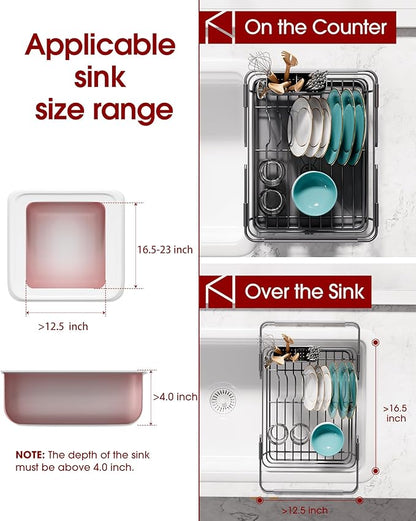 Sakugi Extendable Dish Drying Rack Over Sink with Dish Drainer, Sink Organization and Storage Essentials with Silverware & Utensil Holder, Home and Apartment Decor, 12" W x 16.1~23" L, Silver - Image 2
