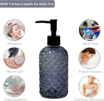 Glass Dish Soap Dispenser for Kitchen, 13.5oz Refillable Liquid Hand Soap Dispenser Set, Crystal Lotion Bottle for Modern Home Decor, Bathroom Countertop, Hotel(Blue Grey)