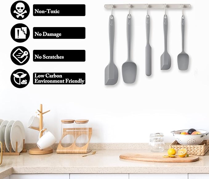 HOTEC 600℉ Heat Resistant BPA-Free Silicone Rubber Spatula Set,Kitchen Cooking Spatulas, Baking, Mixing for Non Stick Cookware, Dishwasher Safe, Set of 5 Grey - Image 6
