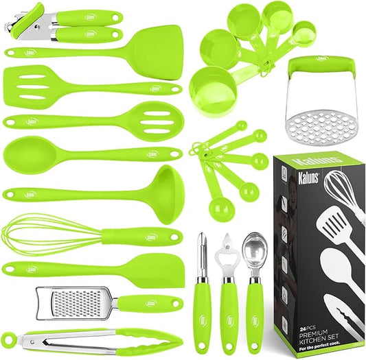 Kaluns Silicone Kitchen Utensils Set 24 Pcs Silicone Cooking Utensils Set - Can Opener, Masher, Turner, Spatula 446°F Heat Resistant Non-Stick - Premium Silicone and Stainless Steel Utensil Set